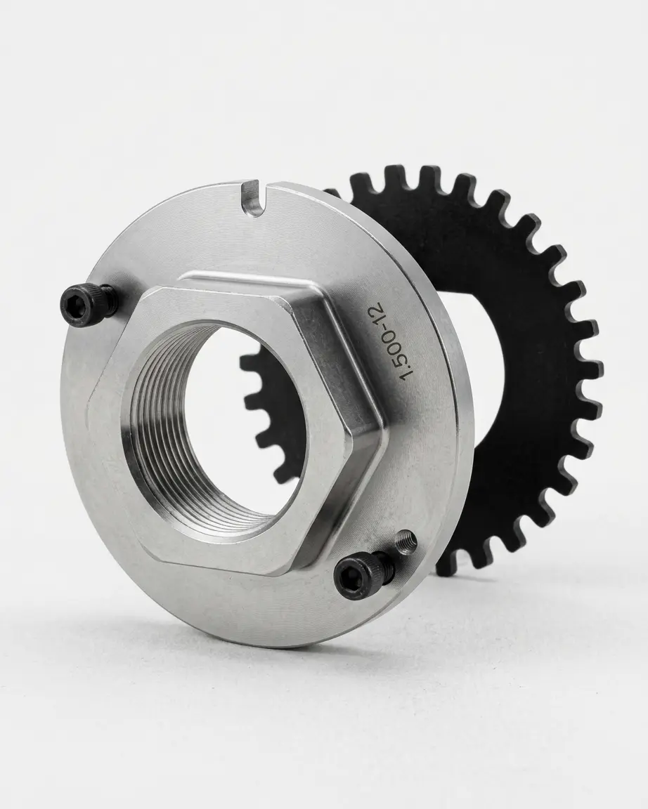 SKF SN150CWFFG-45 spindle nut and washer assembly for commercial steer axles, SKF SN150CWFFG-45, SN150CWFFG-45, SN150CWFF, SN105CWFF, 209.SKFSN150CWFF, 209SKFSN150CWFF, SKF SN150CWFF, Automann 209.SKFSN150CWFF, SKF, Steer Axle, Commercial Steer Axle, 12K Front Axle, International, IHC, Meritor, Meritor D10, X-115, T1100, TKF, Spindle Nut, Spindle Nut Assembly, Locking Wheel Nut, Unitized Spindle Nut, Axle Nut, 1.500-12 Thread, 1-1/2-12 Thread, Wheel End Hardware