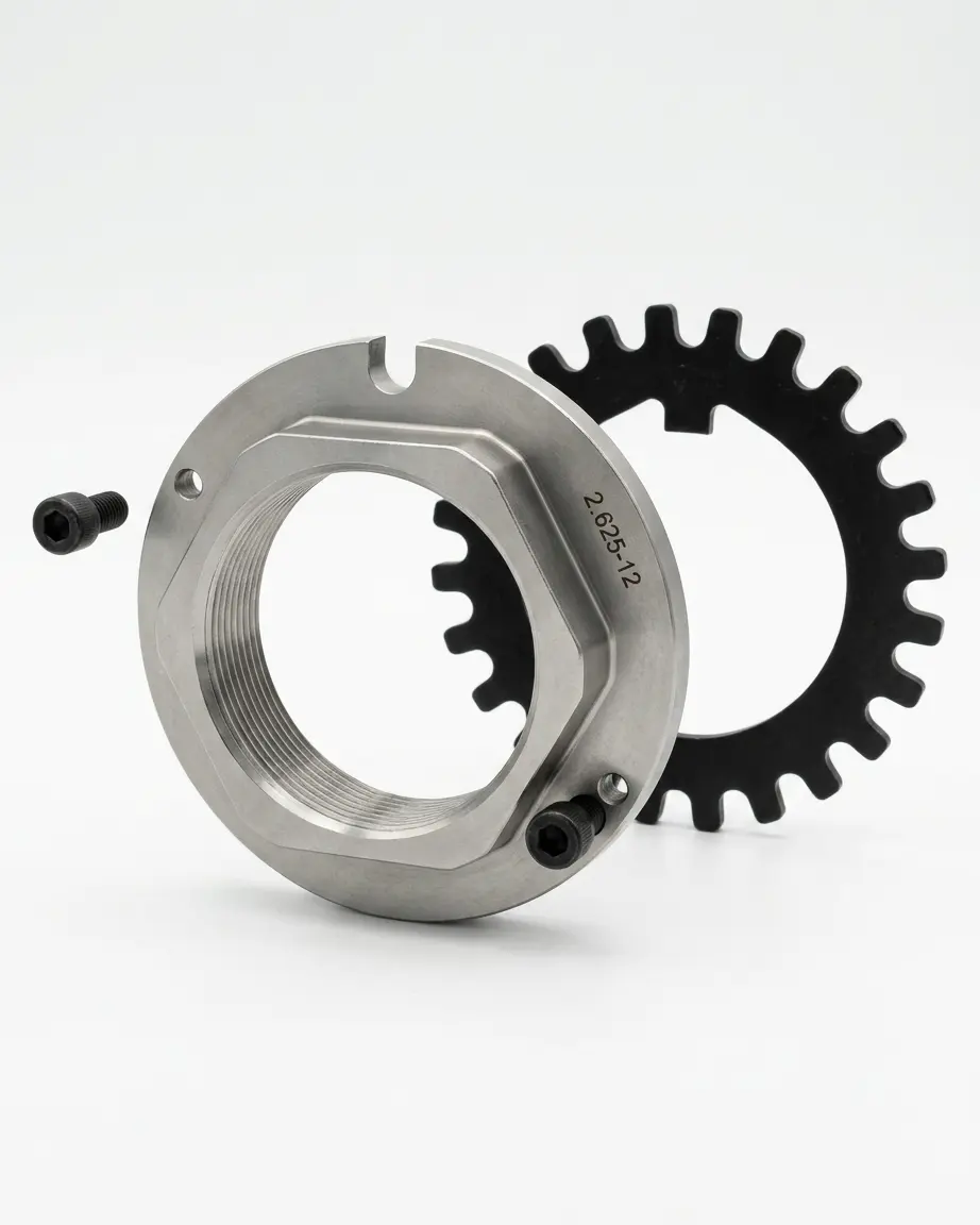 SKF SN262GWDAG-25 spindle nut and washer assembly for commercial drive axles, SKF SN262GWDAG-25, SN262GWDAG-25, SN262GWDA, 209.SKFSN262GWDA, SKF SN262GWDA, Automann 209.SKFSN262GWDA, SKF, Drive Axle, Commercial Drive Axle, Eaton, Ford, International, IHC, Meritor, Spindle Nut, Spindle Nut Assembly, Locking Wheel Nut, Unitized Spindle Nut, Axle Nut, 2.625-12 Thread, 2-5/8-12 Thread, Wheel End Hardware