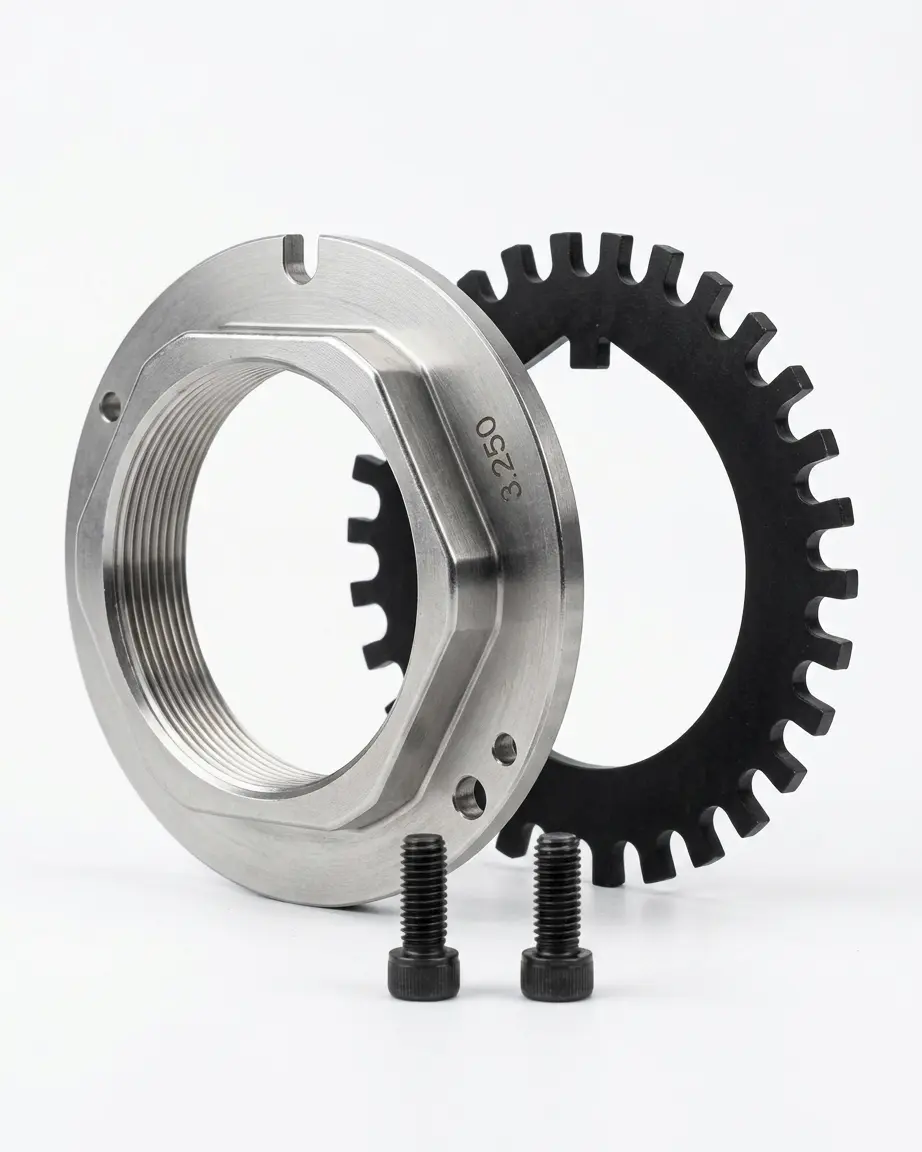 SKF SN262KWTNG-25, SN262KWTNG-25, SN262KWTN, 209.SKFSN262KWTN, SKF SN262KWTN, Automann 209.SKFSN262KWTN, 210.1906, Automann 210.1906, 1906 Socket, SKF, Trailer Axle, 17K-22.5K Axle, Dana Spicer, Eaton, Ingersoll IMT, Meritor, Standard Forge, Spindle Nut, Spindle Nut Assembly, Locking Wheel Nut, Unitized Spindle Nut, Axle Nut, 2.625-16 Thread, 2-5/8-16 Thread, Wheel End Hardware, SKF SN262KWTNG-25 spindle nut and washer assembly for commercial trailer axles